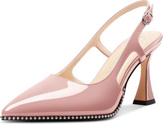 Castamere Womens Slingback Chunky High Heels Close Pointed Toe Dressy Pumps Wedding Party Shoes 9 CM Heels Pale Pink 6.5 UK