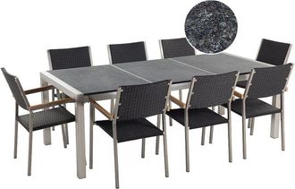 Beliani Conjunto De Comedor De Jard&iacute;n Negro Con Mesa 220 X 100 Cm De Granito Flameado 8 Sillas De Rat&aacute;n Grosseto
