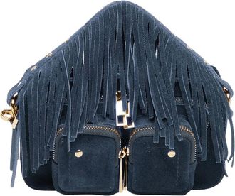 N&uacute;noo Tassen, Dames, Blauw, ONE Size, Leer, Fringe Suede Jeans met Gouden Detail