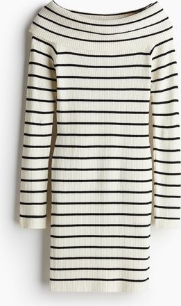 H&M Schulterfreies Kleid in Rippstrick - White