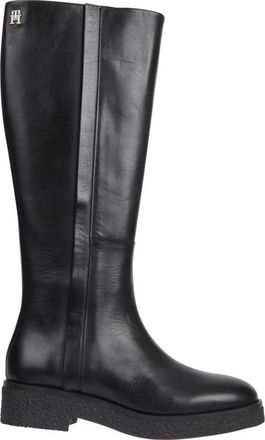 Tommy Hilfiger Zwarte Cr&ecirc;pe Look Lange laars - Dames - Hoge Laarzen - Zwart - 38 EU - Leer - Schoenen