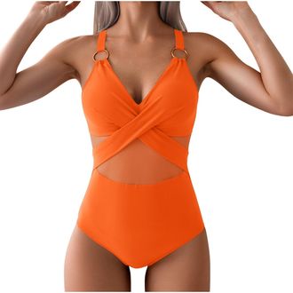 Generic Swimming Costume Women Sexy Mesh One Piece Swimsuit V Neck Tummy Control Swimwears Vintage Padded Push up Monokini Swimwear Slimming Ruched Ccross Bla