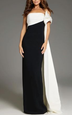 Jovani One Shoulder Cape Gown With Elegant Bodice In Black/white