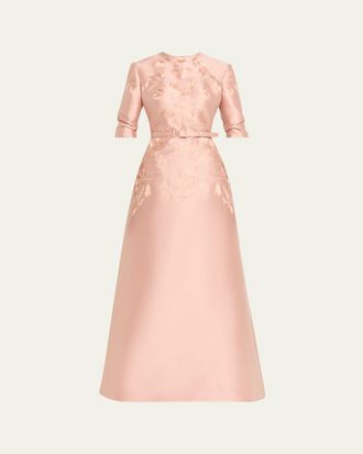 Reem Acra Embroidered Mikado Silk 3/4-Sleeve Gown With Belt