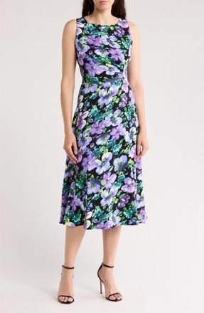 Connected Floral Sleeveless Pleated Waist A-Line Midi Dress in Black Multi at Nordstrom Rack, Size 16
