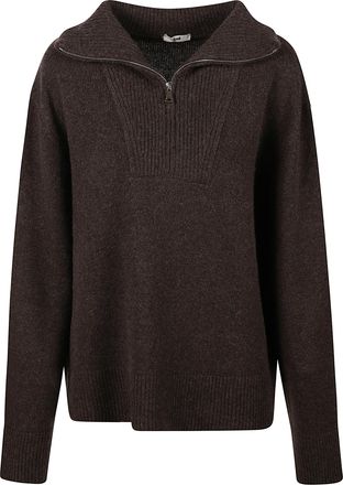 Anaii Dark Brown Knit Sweater with Half-Zip and Ribbed Details
