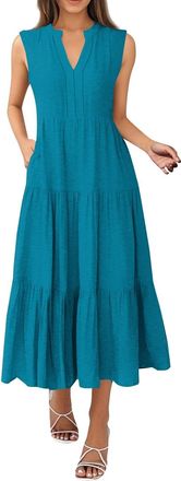 Generic Maxi Dresses for Women UK Ladies Party Dress Summer High Waist V-Neck Pleated Short Sleeve Dresses - Holiday Vacation Sundress Sky Blue