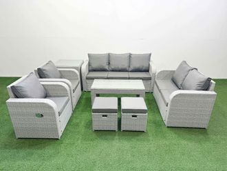 Fimous PE Rattan Garden Furniture Set Adjustable Chair Sofa Double Love Seat 2 Seater Sofa Lounge Set Rectangular Coffee Table 2 Stools Side Table