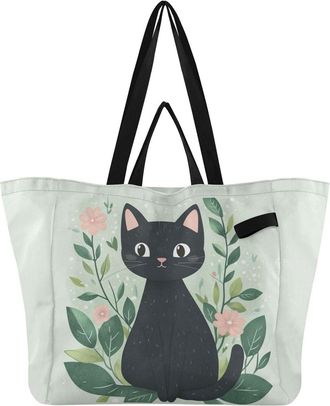 Generic Floral Black Cat Green pattern Reusable Canvas Tote Bag, Heavy Duty Grocery Shopping Bag with Large Capacity Hard Bottom Double Handles Work Groceries