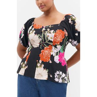 City Chic Daydreams Floral Puff Sleeve Peplum Top in Blk Botanique B at Nordstrom, Size 16W