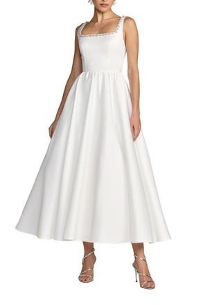 Mac Duggal Beaded Satin Sleeveless Midi Dress With Pockets in Ivory at Nordstrom, Size 10