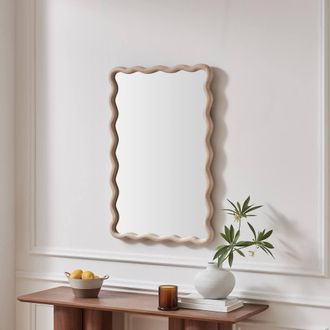 Furniturebox Damaris Wood Medium 90x60cm Wavy Rectangle Wall Mirror in Light Brown | Size: 90x60 cm
