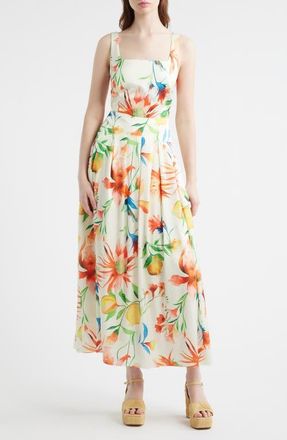 Ciebon Juno Floral Print Midi Dress in Cream/Tangerine Multi at Nordstrom, Size X-Small