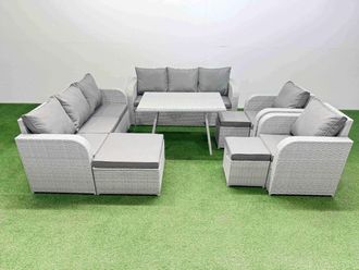Fimous Rattan High Back Lounge Sofa Set with Reclining Chairs 3 Stool in Light Grey