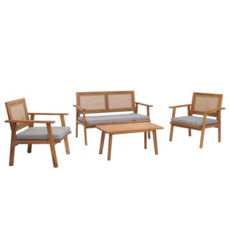 Hhg Hhg - Conjunto De Jard&iacute;n 961, Conjunto De Jard&iacute;n Banco De Jard&iacute;n Sill&oacute;n Mesa, Madera De Acacia Certificada Mvg, Cojines Gris