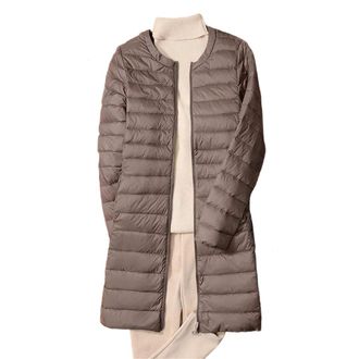 Generic Womens Ultralight Long Duck Down Coat Korean Style O-Neck Collarless Puffer Jacket With Warm Feather Liner Khaki XXL