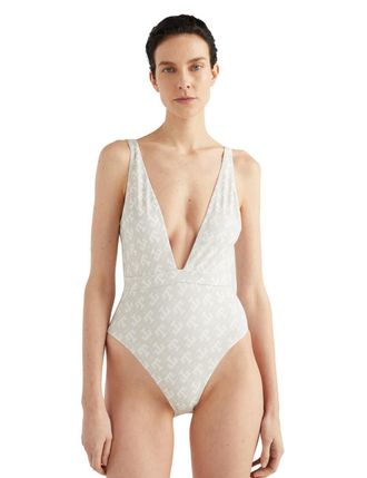 Tommy Hilfiger Womens UW0UW04138 Monogram Plunge Swimsuit - Ivory Nylon - Size 12 UK