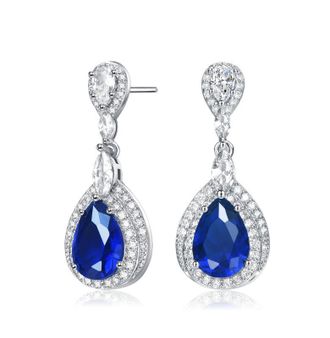 Rachel Glauber White Gold Plated with Sapphire Blue Cubic Zirconia Pearl Drop Earrings