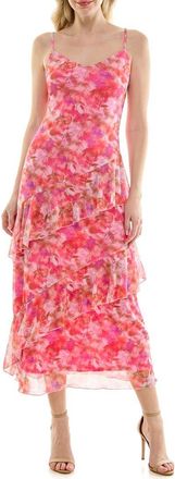 Bebe Print Mesh Ruffle Maxi Dress in Fuchsia at Nordstrom Rack, Size X-Large