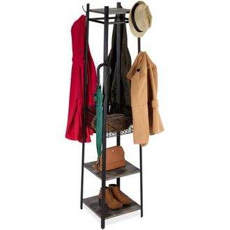 Relaxdays Relaxdays coat stand, 3 shelves & 8 hooks, HWD: 181x43x43 cm, coat stand with basket, hallway, metal, black-grey