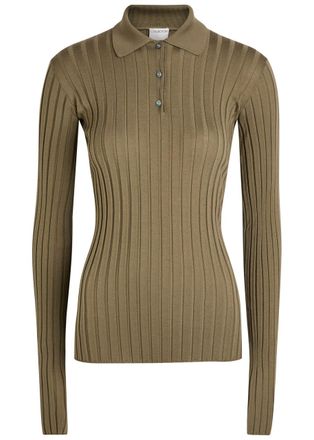 Calvin Klein Amber Ribbed Wool Polo top - Sage - S (UK8-10 / S)