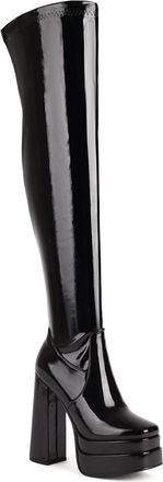Generic Womens Square Toe Over The Knee Boots Patent Leather Thigh High Boots with Side Zipper Block High Heel Platform Boot,Black,9.5 UK