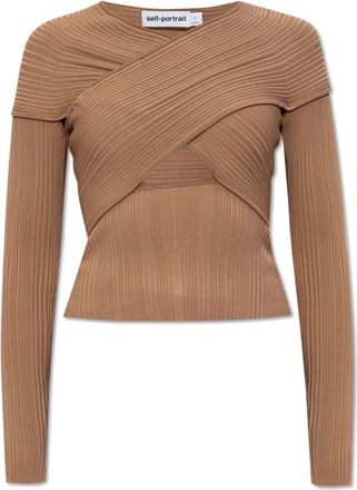 Self Portrait Long Sleeve Tops, female, Beige, Size: XS Ribbed Top with Long Sleeves
