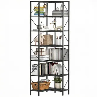 HOMCOM Homcom Libreria Angolare 7 Ripiani, Scaffale Industriale, Legno Nero