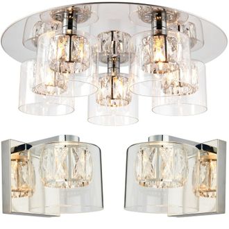 Loops 5 Bulb Ceiling Lamp & 2x Matching Wall Mount Light Round Chrome & Crystal Glass in Clear