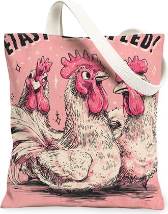 Generic Funny Chicken Canvas Tote Bags, Cute Farm Animal Design Reusable Grocery Bags, Lightweight Washable Shoulder Strap Canvas F, Peach, 13x15 Inch