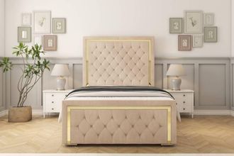 Sloomy Sofia Gold Naples Frame-Mattress - 50 Upholstered Headboard in Light Sand | Size: Double
