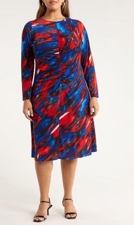 Tahari by ASL Ruched Long Sleeve Dress in Red Blue at Nordstrom, Size 24W
