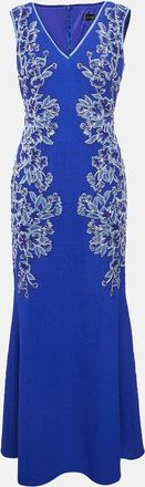 Tadashi Shoji Blue Floral Embroidery Textured Crepe Sleeveless Gown