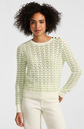 Lands End Cotton Viscose Button Shoulder Modern Crew Sweater in Pistachio/ivory Stitch Stripe at Nordstrom, Size X-Small P