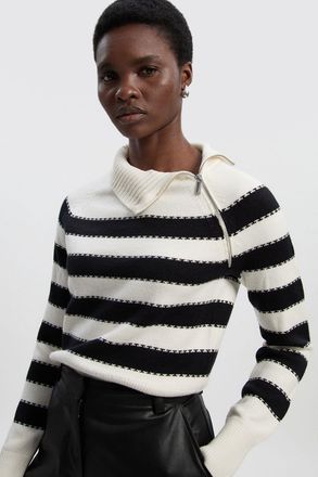 Karen Millen Womens Stripe Zip Through Funnel Neck Knit Jumper - Monochrome Multi Viscose - Size X-Small