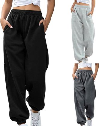 Generic Baggy High Waist Sweatpants Women - Elastic Waist Trousers for Women with Pockets - Joggers Petite Walking Sports Tracksuit Grey Sweatpants Baggy Jogg