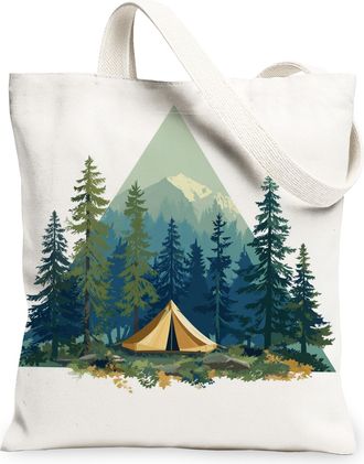 Generic Nature Camping Canvas Tote Bags, Forest Tent Print Reusable Bags, Summer Eco-Friendly Lightweight Washable Shoulder Strap C, White, 13x15 Inch
