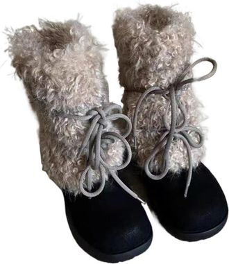 Generic Womens Fuzzy Winter Snow Boots Warm Faux Fur Lining Mid-Calf Bootie Stylish Ankle Booties With Synthetic Fur Cuff(Black,4.5)