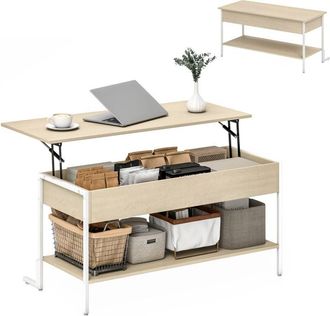 HOMCOM Mesa de centro elevable mesa de café con cierre suave espacio oculto de almacenaje y estante abierto 95x40x59 cm natural y blanco - Homcom