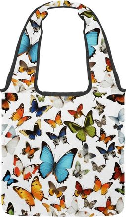 Generic Colorful Butterfly Reversible Canvas Shoulder Tote - Double-Sided Print, 12oz Cotton, 27cm Drop, Fold-Flat Bag for Travel, Shopping, Street Outings