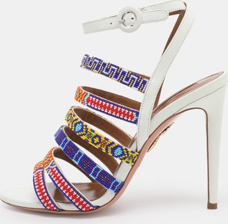 Aquazzura White Beads And Leather Strappy Ankle Strap Sandals