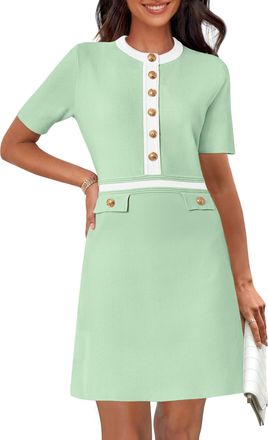 Merokeety Womens Knit Bodycon Sweater Dress Button Short Sleeve Crew Neck Elegant Formal Mini Dress, Mintgreen, XL