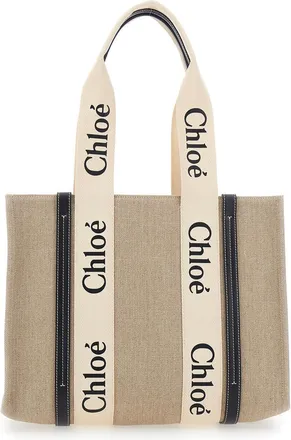 Chlo&eacute; Womens Handbag Medium Woody Beige Linen Tote Bags