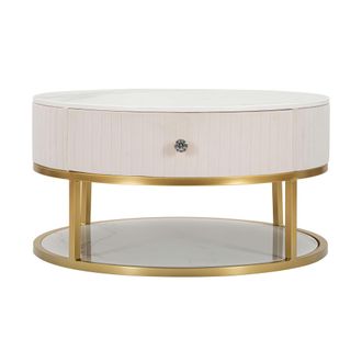 Dmora Mesa De Centro Dalasida, Un Caj&oacute;n, Tapizado De Tela Acolchada, Un Compartimento, 75x75x36h Cm Blanco Crema