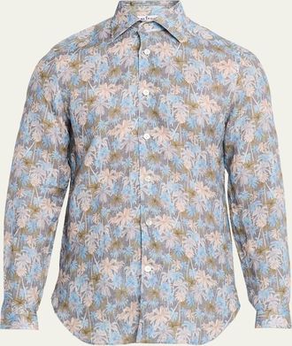 Kiton Mens Palm-Print Linen Button-Down Shirt with Mother-Of-Pearl