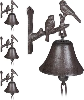 Relaxdays 4 Campanas Hierro Fundido Puerta, P&aacute;jaros De Adorno, Estilo R&uacute;stico, Sonido Fuerte, Campanas Pared, Resistentes, Marr&oacute;n