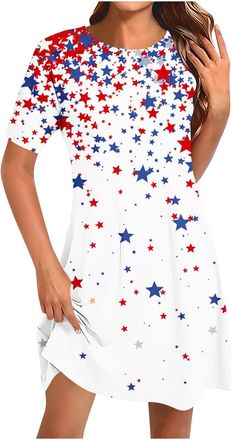Generic Women Printed Tunic Dresses Star Pattern Short Sleeve Crew Neck T-Shirt Dress Ladies Short Sundress Casual Summer Beach Wear My Orders Sale Clearance 