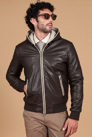 D'Arienzo Giubbotto bomber in pelle testa di moro con cappuccio DArienzo, Seleziona Taglia 46, Colore Testa di moro