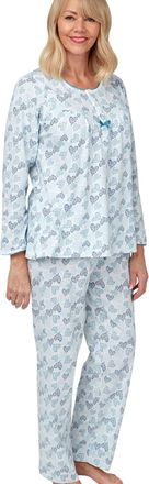Marlon Womens Ruth Yoke Detail Pyjama - Soft & Flattering Jersey Classic Button Neck Top & Comfy Full Length Knitted Pants, Blue, 20-22