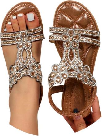 Generic Ladies Faux Leather Open Toe T-Bar Diamante Gem Stone Flat Summer Sandals Causal Lightweight Slip on Slides Platform Slippers Beach Holiday Essential 